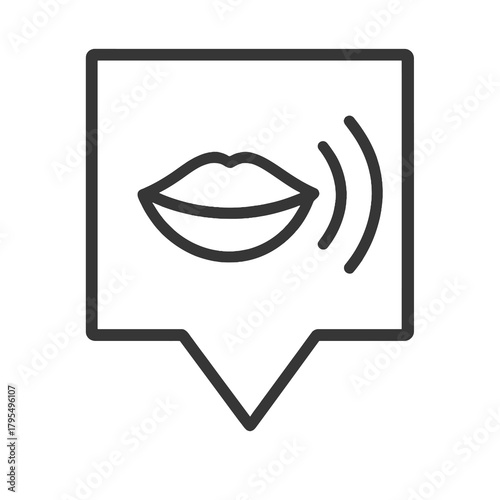 Thin line speaking mouth icon inside square pin, black vector symbol for pronunciation, language expression, and verbal communication.