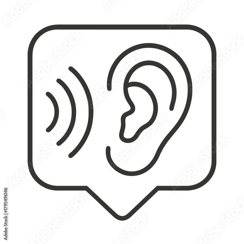 Minimalist listening ear icon in a square location marker, black outline vector for language apps, pronunciation training, and communication tools.