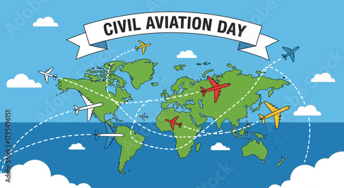 Celebrate Civil Aviation Day with colorful airplanes flying around the world, perfect for travel promotions, aviation industry events, and global connectivity campaigns