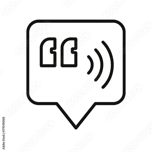 Minimalist speech and quotes icon in a square location marker, black outline vector for conversation tools, language learning, and translation apps.