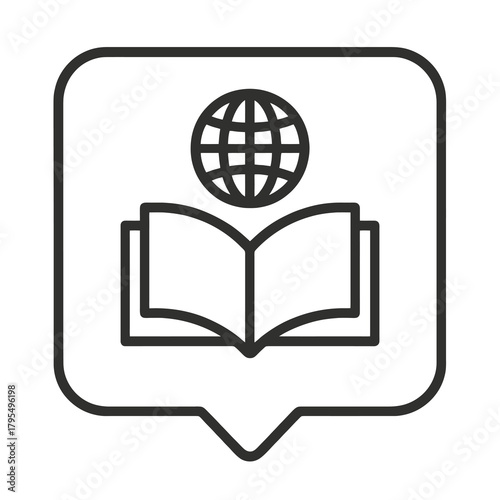 Minimalist world-language book icon in a square location marker, black outline vector for translation study, reading skills, and multilingual training.