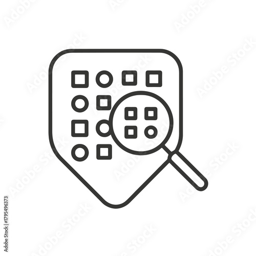 Thin line magnifying glass analyzing pattern icon inside square pin, black vector symbol for AI pattern recognition and intelligent data analysis.