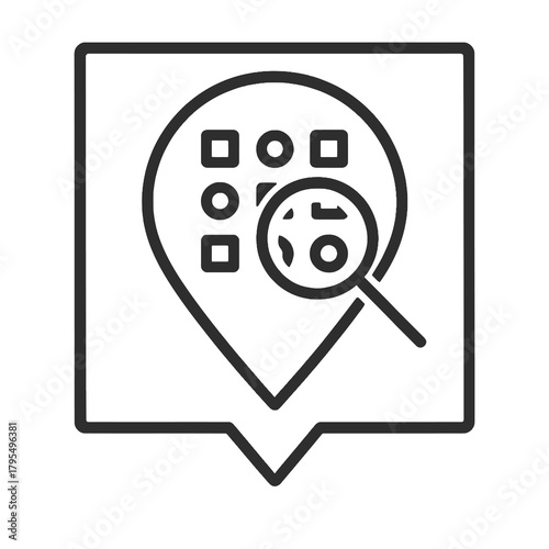 Minimalist pattern detection icon in a square location marker, black outline vector for machine learning, automation, and artificial intelligence systems.