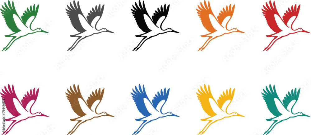 Obraz premium Stylized crane silhouettes in colorful variations, Multicolor crane icons collection