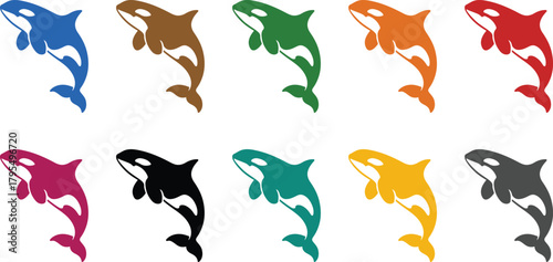 Orca whales in diverse colors killer whale group, Multicolor killer whale silhouettes