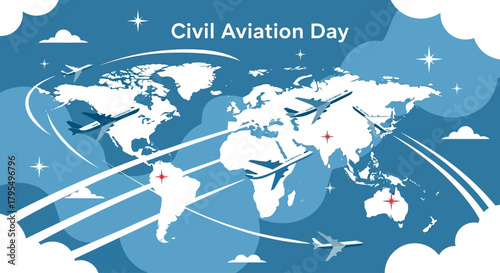 Celebrate Civil Aviation Day with a vibrant world map showcasing global air travel and connected destinations, inspiring dreams of travel and international collaboration, perfect for aviation themes