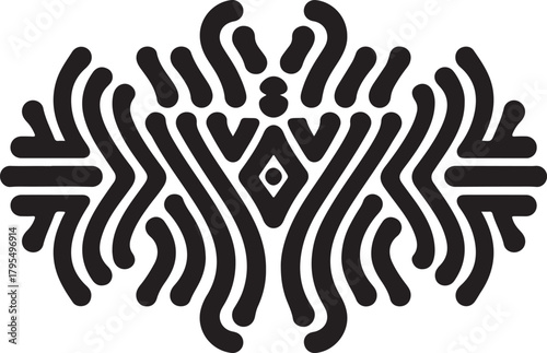 Abstract symmetrical tribal style organic black and white pattern with flowing lines and central diamond element Vector