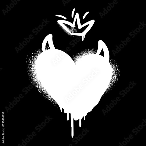 Graffiti Style Heart with Devil Horns and Crown Symbol and dripping crown on a black background, symbolizing power, rebellion, and emotion, urban posters, album art, tattoos, fashion prints. Vector