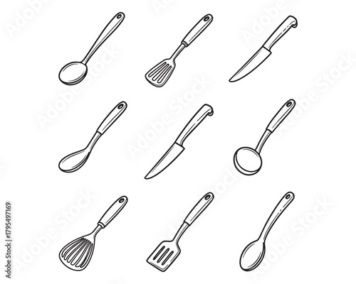 Hand Drawn Kitchen Utensil Set Vector Line Art