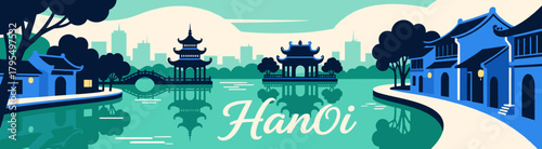 Hanoi skyline with temples in silhouette style on solid background