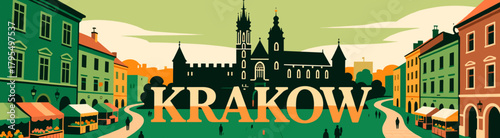 Krakow silhouette with historic market and castle