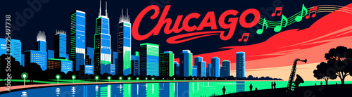 Chicago skyline with musical elements in vector style
