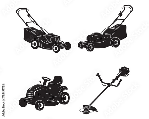 Lawn Care Equipment Vector Illustration Black and White Silhouettes