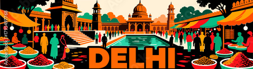 Delhi spice market vector with grand temples