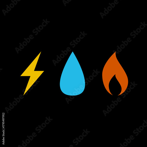 Gas Water Electricity icons isolated on black background