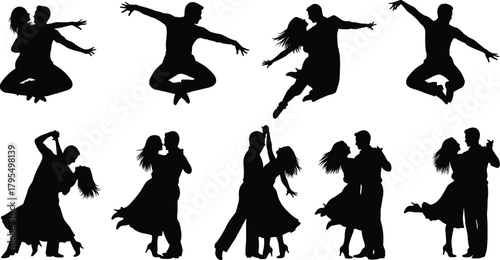 Ballroom dance silhouettes, elegant couples, romantic poses, black illustration, expressive movement, dancing figures, performance art, stage action, choreography, love, style