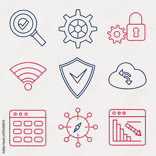 Collection of linear icons representing various concepts such as security, data analysis, and cloud computing vector elements