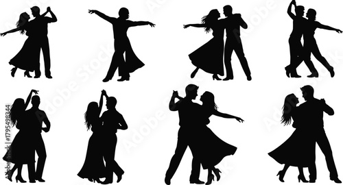 Ballroom dance silhouettes, elegant couples, romantic poses, black illustration, graceful movement, dancing figures, choreography, stage performance, love, style, motion, art