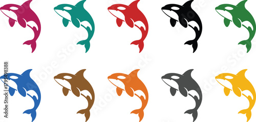 Colorful orca whale silhouettes in leaping pose, Multicolor killer whale icons set