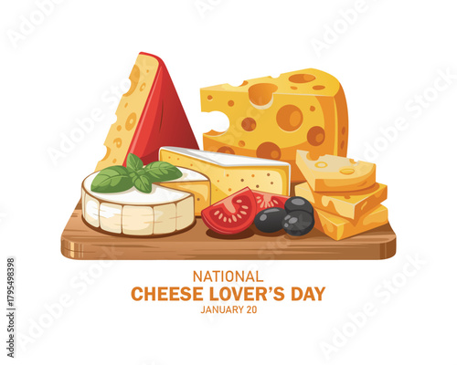 National Cheese Lover’s Day poster vector illustration. Various types of cheese on a wooden cutting board icon vector. Cheese platter with camembert and more. January 20. 