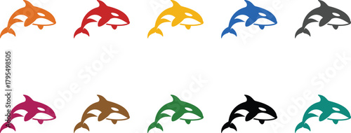 Colorful orca whale silhouettes on white background, Multicolor orca illustration set