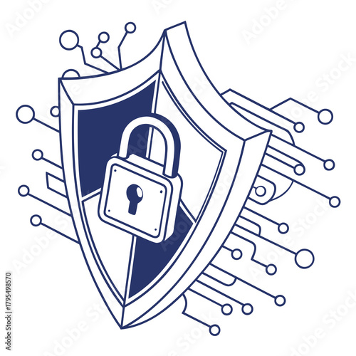 Shield with padlock and circuit board, representing security, protection, and cybersecurity in a digital environment
