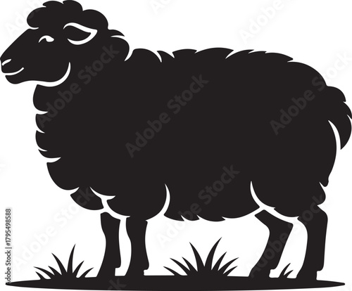 A simple black silhouette of a sheep standing in grassy field