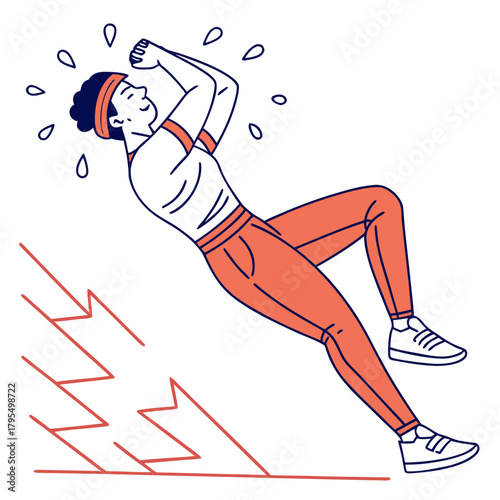 A woman is lying on the floor after a workout, she is sweating and exhausted, she is wearing a headband and workout clothes