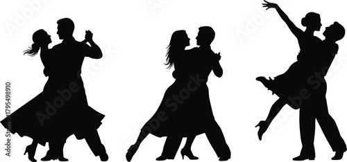 Ballroom dance silhouettes, elegant couples, romantic poses, black illustration, graceful movement, dancing figures, performance art, stage action, love, choreography, style