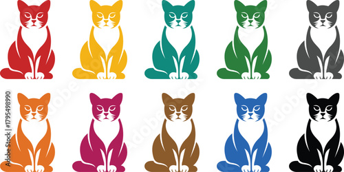 Colorful sitting cat silhouettes in different hues cats, Multicolor cat icons sitting set