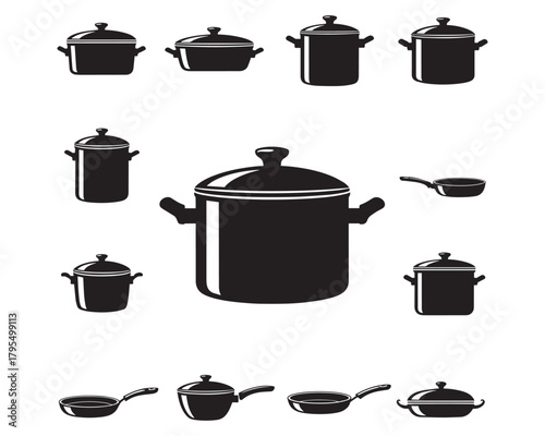 Cookware Collection Kitchen Pots Pans Utensils Vector Silhouette
