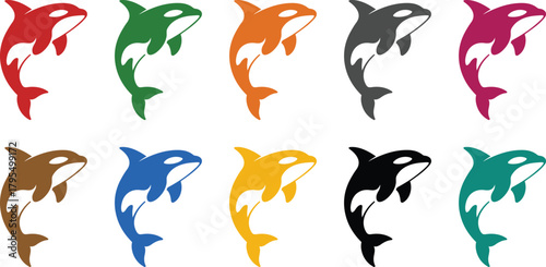 Vibrant orca whale illustrations on white background, Colorful killer whale silhouette set