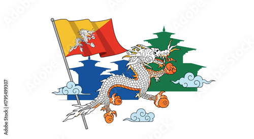 Celebrate Bhutan's rich culture with this vibrant dragon illustration and flag, perfect for travel blogs, cultural events, and educational materials about the Kingdom's unique heritage and traditions