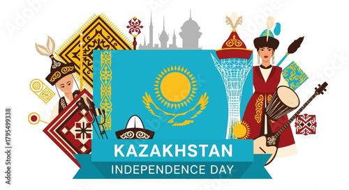 Celebrate Kazakhstan Independence Day with this vibrant and culturally rich design featuring traditional clothing, architecture, and national symbols for a proud and patriotic feel