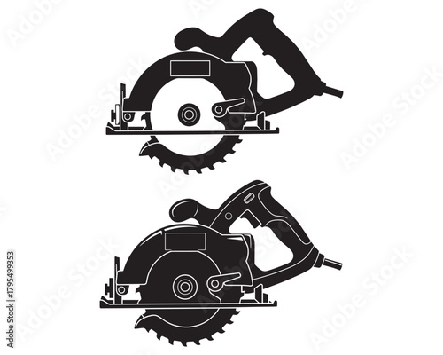 Two black silhouette circular saws with sharp blades on a white background
