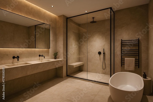 Luxury bathroom with stone textures and large glass shower, spa-like ambience