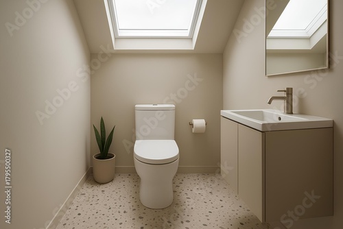 Compact modern toilet with skylight, terrazzo floor, neutral color palette