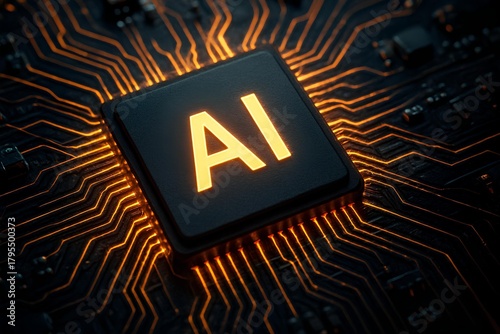 AI chip close-up with glowing circuits, macro detail