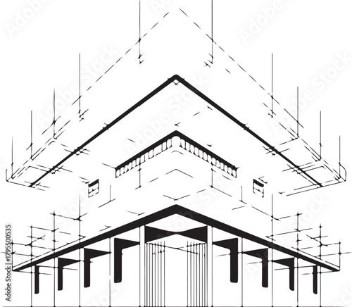Architectural blueprint illustration of a modern building featuring complex geometric lines and structural details. Vector