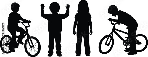 Children silhouette illustration, black figures, biking activity, outdoor play, childhood movement, youth interaction, fun lifestyle, energetic pose, freedom, exploration