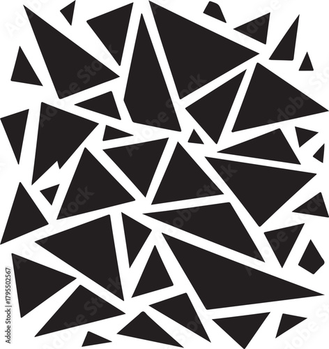 Black triangular geometric abstract pattern creating a fractured mosaic design on a clean white background texture design element. Vector