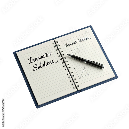 Wallpaper Mural Open Spiral Notebook With Innovative Solutions Written In Black Ink And Pen On A Clean White Page With A Black Pen On The Right Side In A Studio Shot Torontodigital.ca