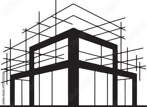 Architectural building structure with construction scaffolding silhouette outline line art illustration on white Vector