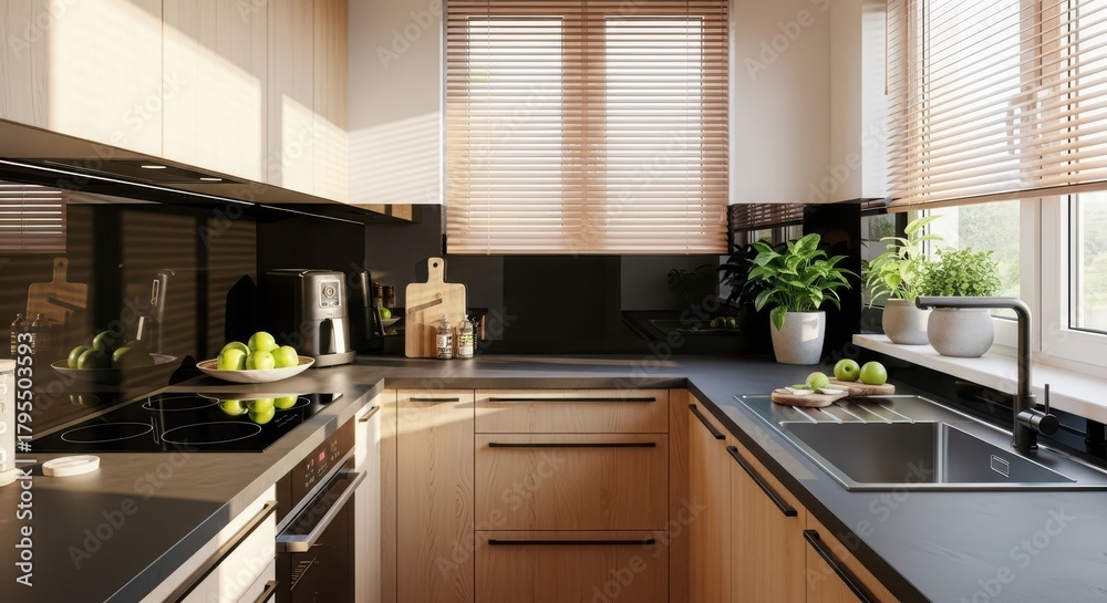 Fototapeta premium Bright and functional kitchen with wooden cabinets, black countertop, and window blinds, modern home interior