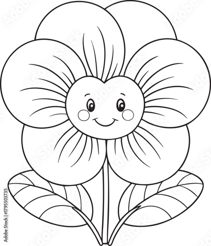 Smiling pansy cartoon flower line art illustration with happy petals, fun children coloring book activity