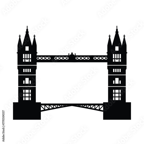 Iconic black silhouette of tower bridge in london against a white background