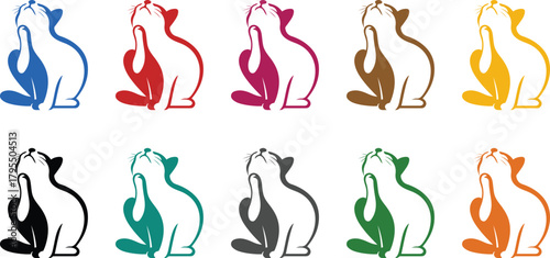 Colorful cat silhouettes looking up in various arrangements, Multicolor cat group illustration looking upward
