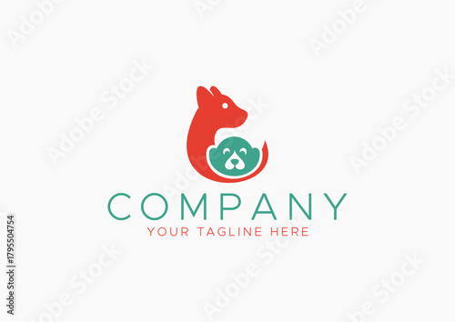 Caring Pet Logo Vector, Abstract Red Dog or Cat Embracing a Small, Cute Puppy or Kitten