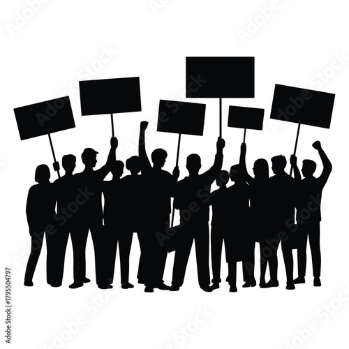 Silhouette of a diverse group of people holding protest signs at a rally