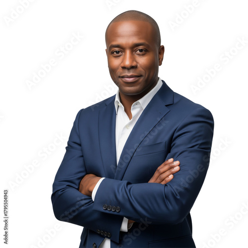 Portrait of a confident Black businessman crossing arms isolated on white